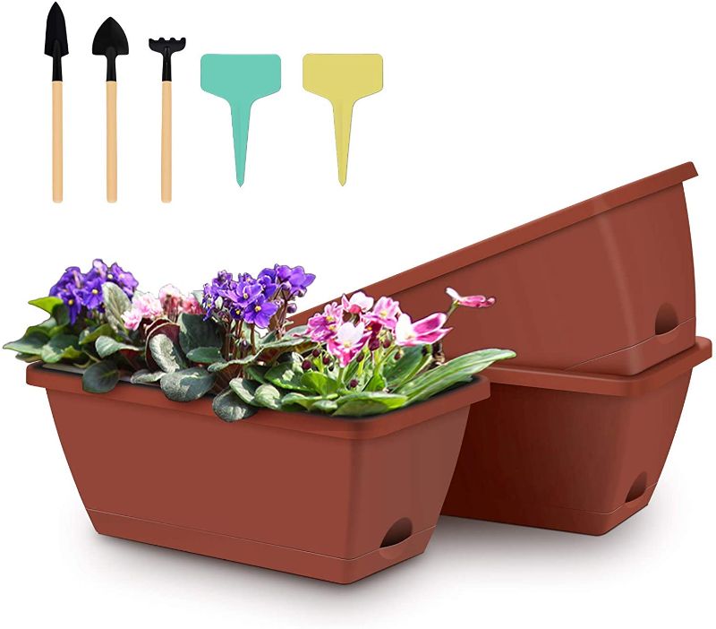 Photo 1 of 3 Packs Window Box Planter, 14 inches Plastic Flower Vegetable Planter Boxes with Plant Label & Garden Tools, Rectangle Planter for Windowsill, Patio, Garden, Indoor Outdoor (Brown)