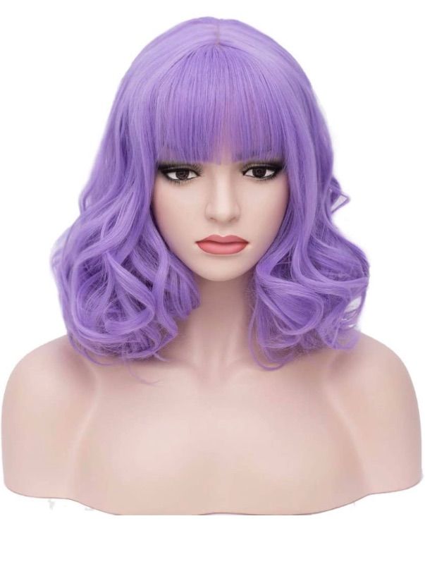 Photo 1 of BERON 14 Inches Light Purple Wig Short Curly Wig Women Girl's Synthetic Wig Light Purple Wigs with Bangs Wig Cap Included