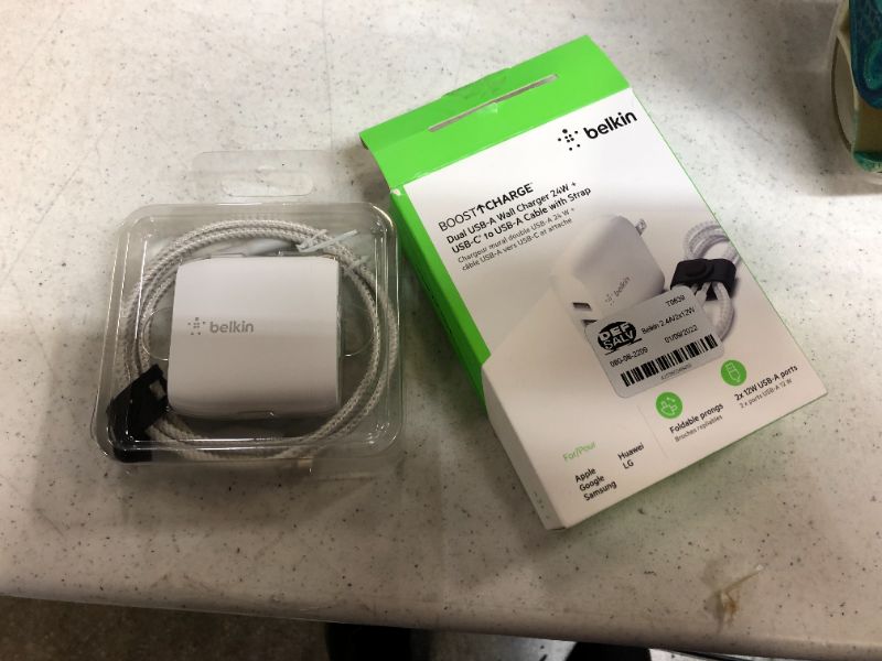 Photo 3 of Belkin 2.4A/2x12W 2-Port USB-A Home Charger with 3.3' Braided USB-A to USB-C Cable with Strap - White