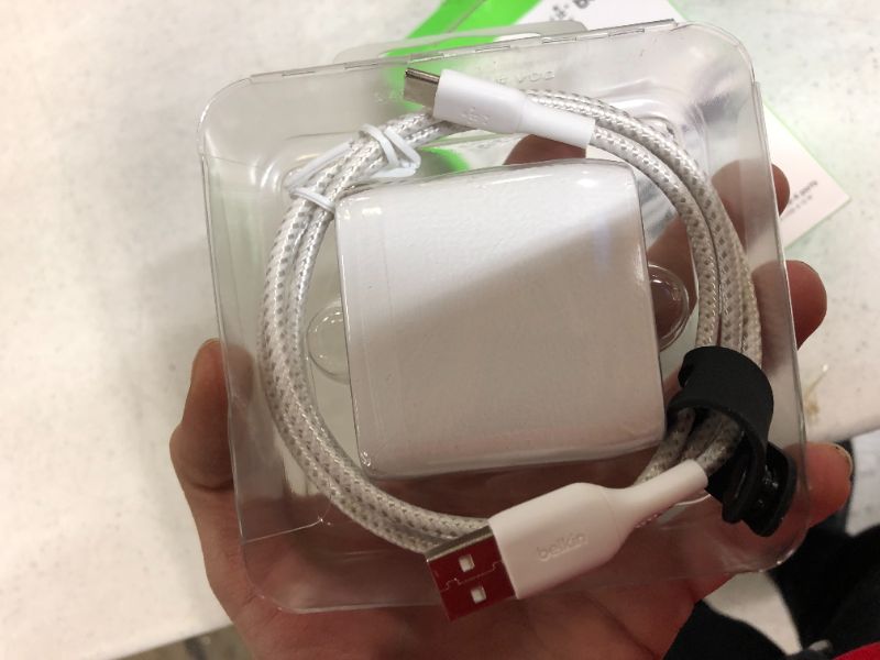 Photo 2 of Belkin 2.4A/2x12W 2-Port USB-A Home Charger with 3.3' Braided USB-A to USB-C Cable with Strap - White