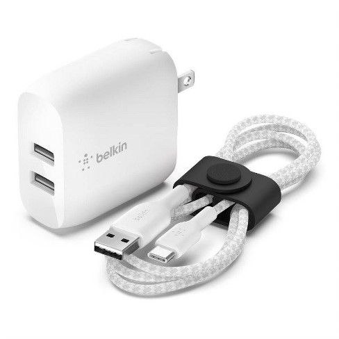 Photo 1 of Belkin 2.4A/2x12W 2-Port USB-A Home Charger with 3.3' Braided USB-A to USB-C Cable with Strap - White