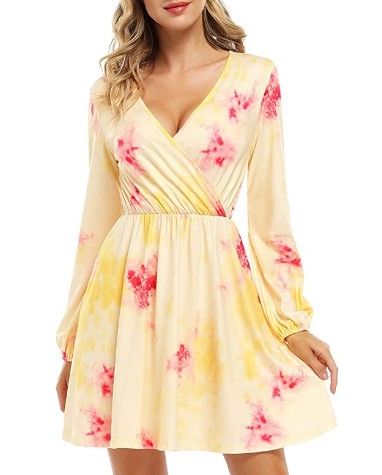 Photo 1 of Leadingstar Women's Tie Dye Wrap Dress Fall Lantern Long Sleeve Tunic Short Dresses Skater Dress LARGE