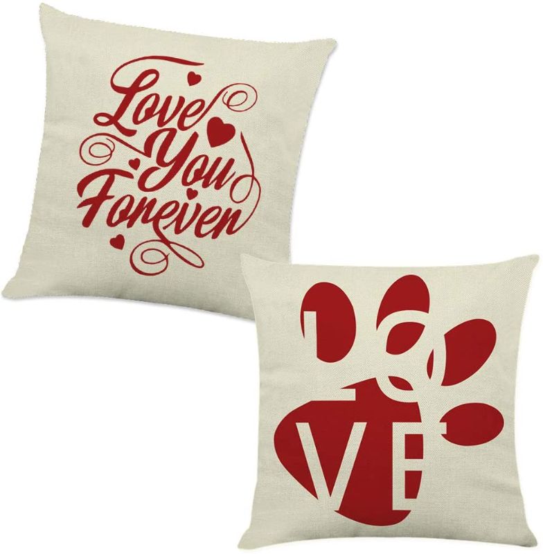 Photo 1 of 2 Pieces Love Words Cat Footprint Throw Pillow Covers 18x18 Inch, Love Theme Linen Decorative Throw Pillow Cover Case for Sofa, Living Room, Bedroom or Patio Seat Holiday Decoration.
