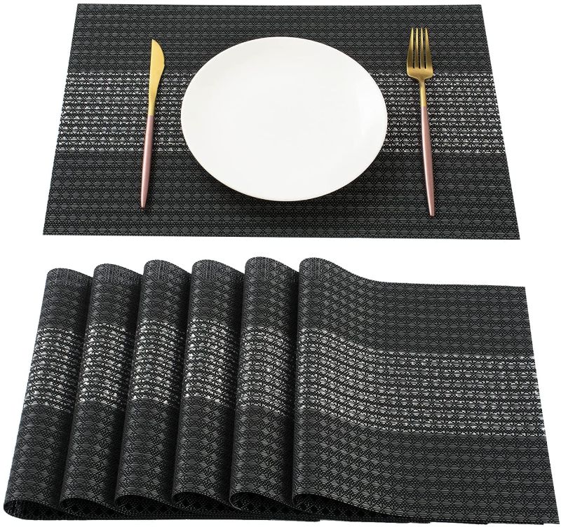 Photo 1 of AHHFSMEI Placemats?Placemats Set of 6 for Dining Table Washable Woven Vinyl Non-Slip Placemat Heat-Resistant Durable Table Mats for Dining Table Easy to Clean?Black Sequins?