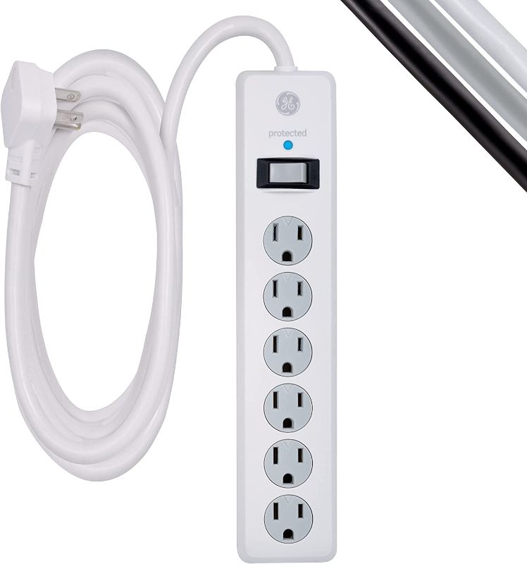 Photo 1 of GE 6-Outlet Surge Protector, 10 Ft Extension Cord, Power Strip, 800 Joules, Flat Plug, Twist-to-Close Safety Covers, UL Listed, White, 