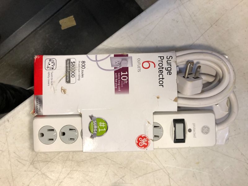 Photo 2 of GE 6-Outlet Surge Protector, 10 Ft Extension Cord, Power Strip, 800 Joules, Flat Plug, Twist-to-Close Safety Covers, UL Listed, White, 