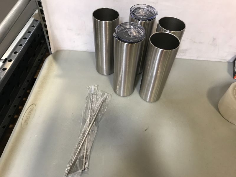 Photo 1 of 5PACK SKINNY TRAVEL TUMBLERS - COFFEE WATER TEA  SILVER AND 2 LIDS ONLY