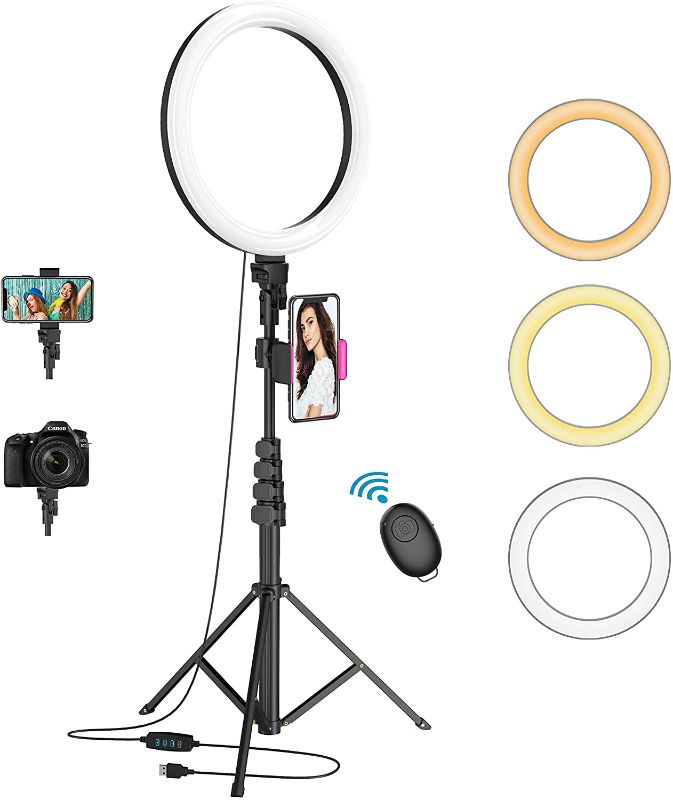 Photo 1 of 12” Selfie Ring Light with 62” Adjustable Tripod Stand and Phone Holder, LED Dimmable Ringlight with Remote, for Live Stream/Photography/Makeup/YouTube Video, Compatible with Cell Phones, Cameras
