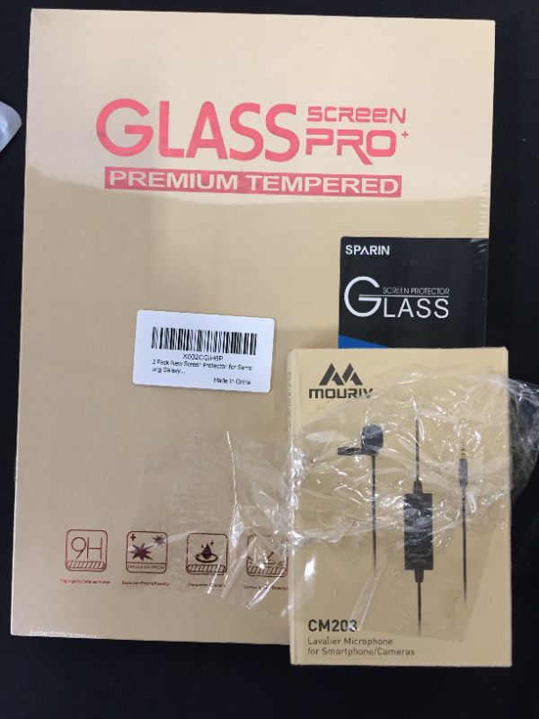 Photo 3 of [3 Pack] SPARIN Screen Protector Compatible with Galaxy Tab A 10.1 2019 9H Hardness Tempered Glass Easy Installation High Definition and Lavalier Microphone, Mouriv Omnidirectional Condenser Recording Microphones Compatible with Canon Nikon Sony iPhone 11