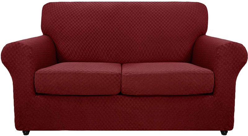 Photo 1 of 3 Piece Newest Jacquard Couch Covers for 2 Cushion Couch Stretch Non Slip Love Seat Couch Cover for Dogs Pet Friendly Elastic Furniture Protector Loveseat Slipcovers (Loveseat, Wine Red)
