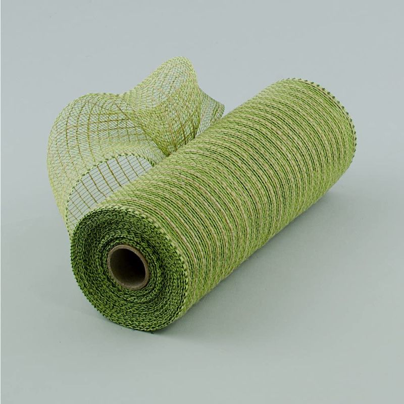 Photo 1 of 10" Wide Poly Jute Deco Mesh Natural & Moss Green Thin Stripe 10.5" Wide by 10 Yards / 30 Feet Long 2 Rolls 
