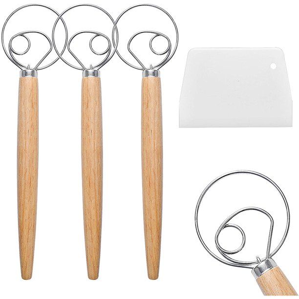 Photo 1 of 3 Pieces Danish Dough Whisk Bread Mixer Blender, Stainless Steel Hook Dutch Whisk with a Dough Scraper for Bread Pastry Dessert Pizza
