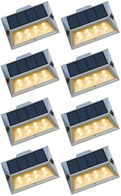 Photo 1 of 8 LEDs Solar Outdoor Lights Steps Decorative, Solar Deck Lights Waterproof Outside Lamps for Fence Post Yard Garden Wall Walkway, Auto On & Off, Warm White 3000K, 8 Pack
