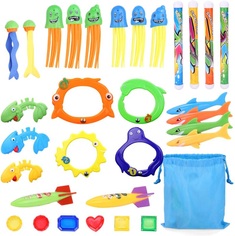 Photo 1 of Fun-Here 32Pcs Diving Toys Pool Toys Swimming Training Water Game Dive Rings Sticks Grass Fish Treasures with Storage Bag for Kids Boys Girls Adults…
