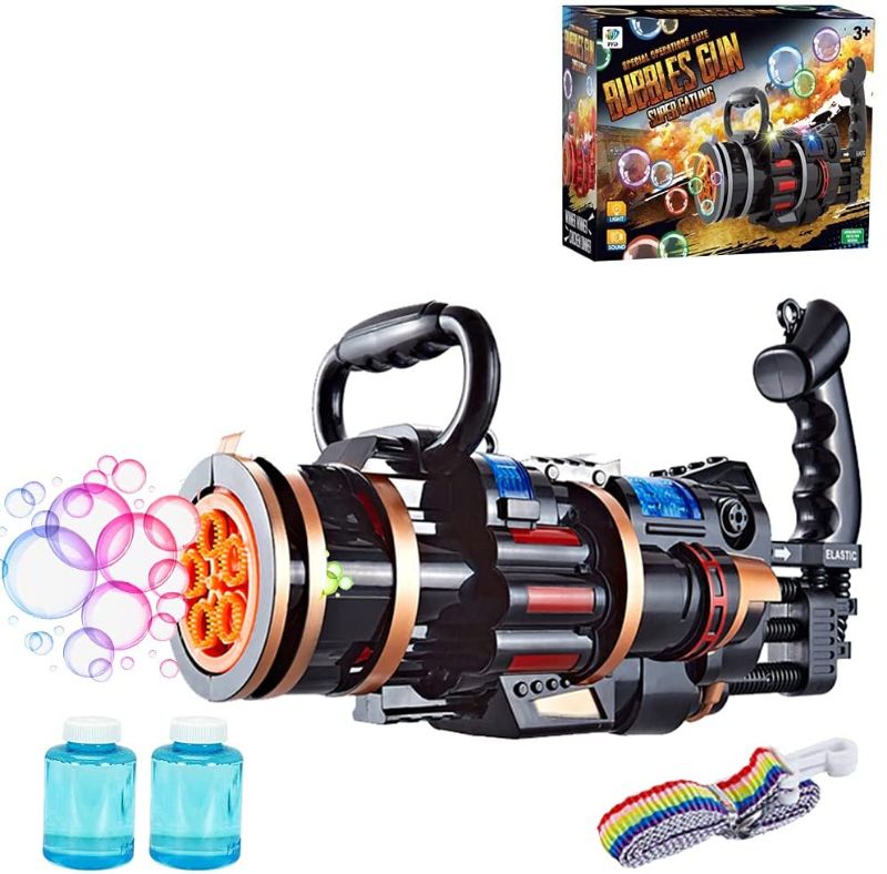 Photo 2 of Gatling Bubble Machine 2021 Cool Toys Gift Eight Hole Huge Amount Automatic Bubble Maker Kids Bubble Gun Outdoor Toys with Sound and Lights (Black)
