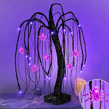 Photo 1 of 18 Inch Halloween Black Spooky Willow Tree with Timer 24 LED Purple Lights & 6 Spiders Glittered Lighted Artificial Tree Battery Operated for Halloween Decorations Indoor Home Party Tabletop Holiday
