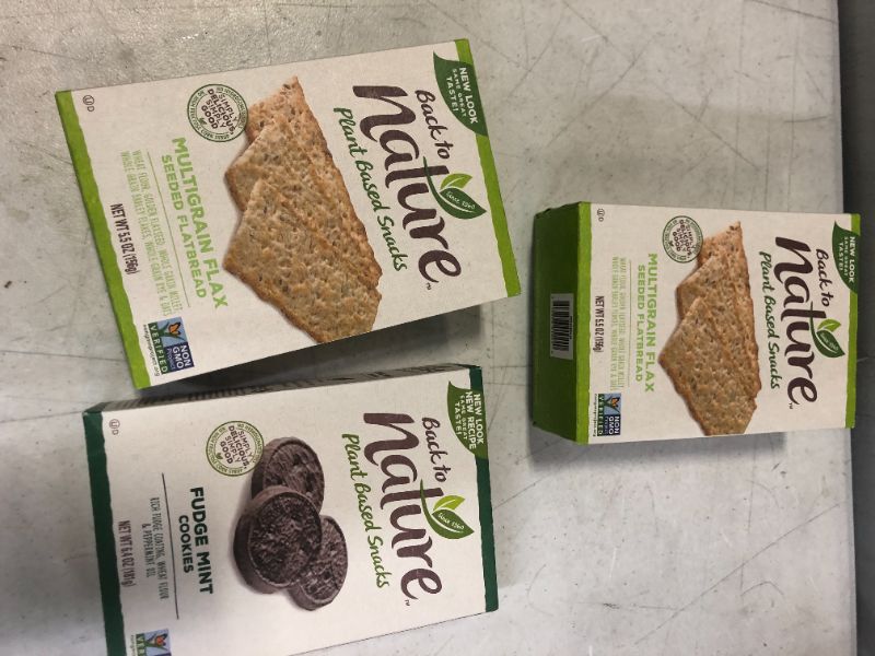 Photo 1 of 2 pk Back to Nature Crackers, Non-GMO Multigrain Flax Seed, 5.5 Ounce bb nov 16 2021 
1 pk Back to Nature Cookies, Non-GMO Fudge Mint, 6.4 Ounce bb nov 07 2021
