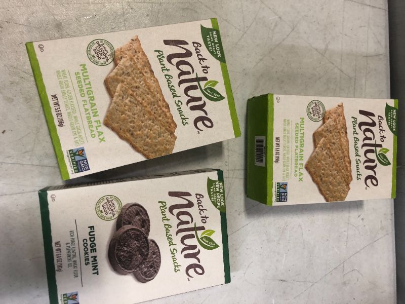 Photo 3 of 2 pk Back to Nature Crackers, Non-GMO Multigrain Flax Seed, 5.5 Ounce bb nov 16 2021 
1 pk Back to Nature Cookies, Non-GMO Fudge Mint, 6.4 Ounce bb nov 07 2021
