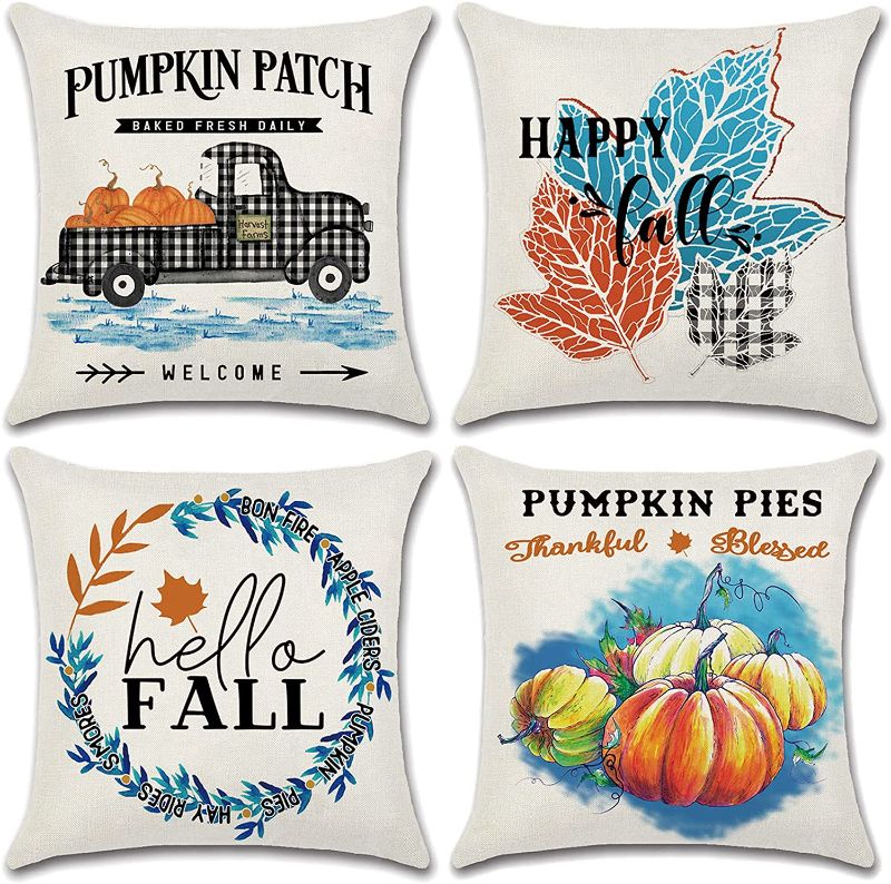 Photo 1 of Fall Pillow Covers 18x18, Decorative Farmhouse Throw Pillow Covers Set of 4, Pumpkin Trucks Maple Leaves Autumn Decor Thanksgiving Fall Outdoor Pillows Decorations for Home Sofa Couch
