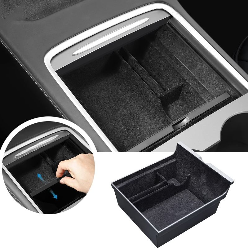 Photo 1 of Center Console Organizer Tray Compatible with 2021 2022 Tesla Model 3 Model Y Armrest Hidden Cubby Drawer Storage Box Container Tesla Model 3 Model Y Accessories 2021 2022 Flocked ABS Material