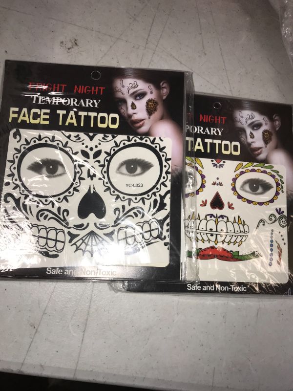 Photo 1 of 2 PACK FRIGHT NIGHT TEMPORARY FACE TATTOO DAY OF THE DEAD 12PCS