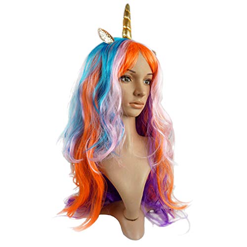 Photo 1 of 27.5 inch Unicorn Party Wigs Color Wigs Wave Wig Cosplay Wigs Halloween Party Wig Dress up Props PET Wigs Masquerade,Gold Horn Wigs
