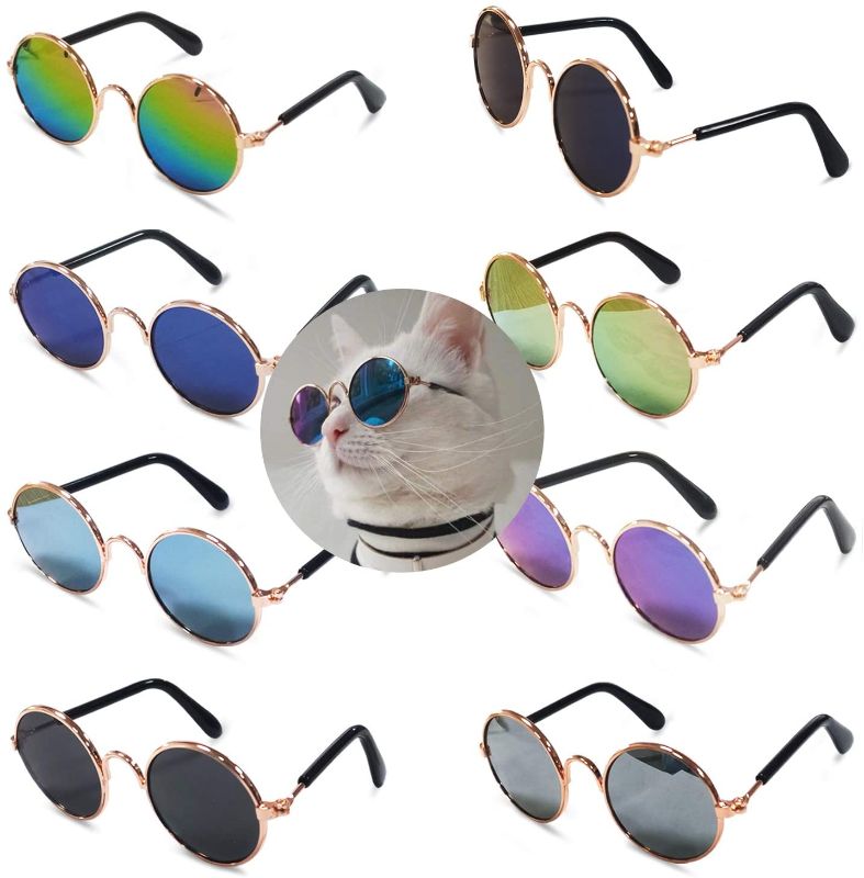 Photo 1 of 8 Pcs Cute Small Cats Dogs Sunglasses Retro Round Metal Prince Sunglasses Set Funny Cosplay Glasses Toys Photos Props Accessories (8 Pack Color Mix)
