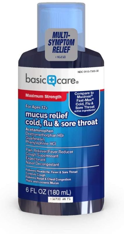 Photo 1 of 
2 PACKS OF Amazon Basic Care Mucus Relief Cold, Flu & Sore Throat; Helps Relieve Common Cold and Flu Symptoms, 6 Fluid Ounces
02/2022