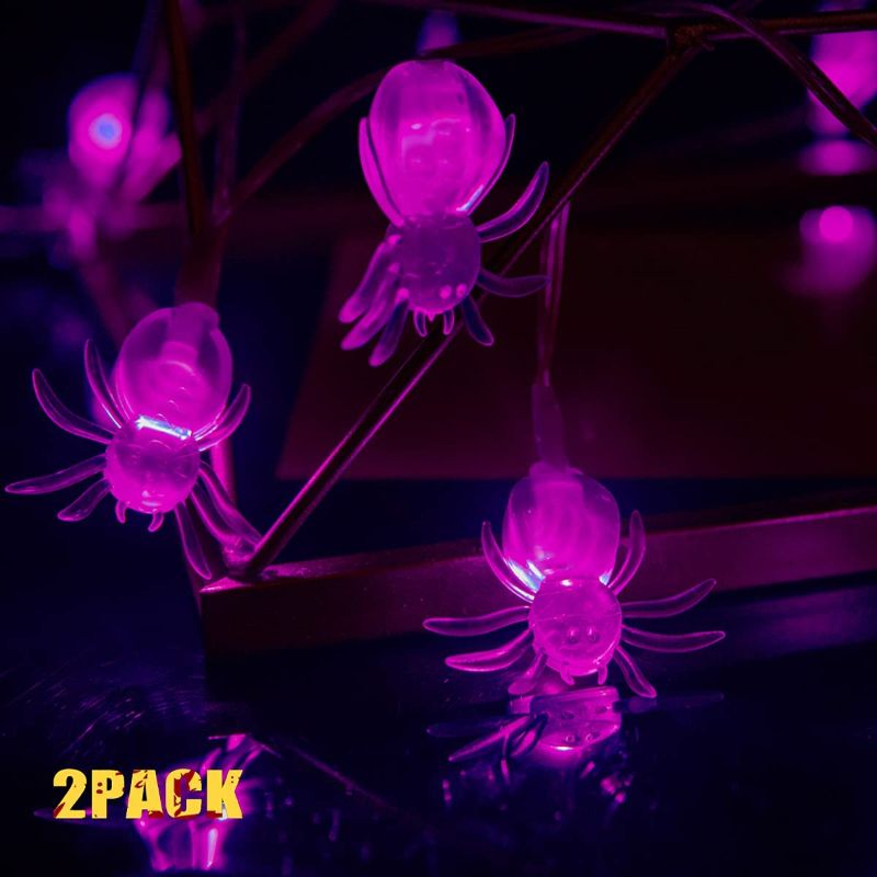 Photo 1 of 2 PACKS OF 2 Liacere Halloween Spider String Lights - 30 Purple Spider Lights 11.5 Feet 8 Modes - Halloween String Lights with Waterproof Battery Box for Indoor/Outdoor Halloween Decoration
