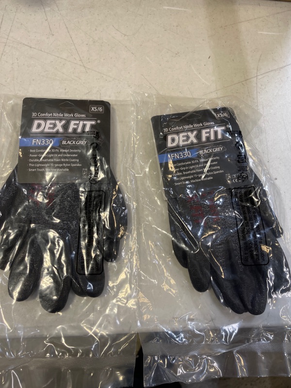 Photo 1 of DEX FIT Nitrile Work Gloves FN330, 3D Comfort Stretch Fit Black Gray X-Small 1 Pair-SET OF 2