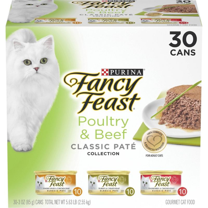 Photo 1 of (30 Pack) Fancy Feast Grain Free Pate Wet Cat Food Variety Pack, Poultry & Beef Collection, 3 oz. Cans---BEST BEFORE APRIL 2022---