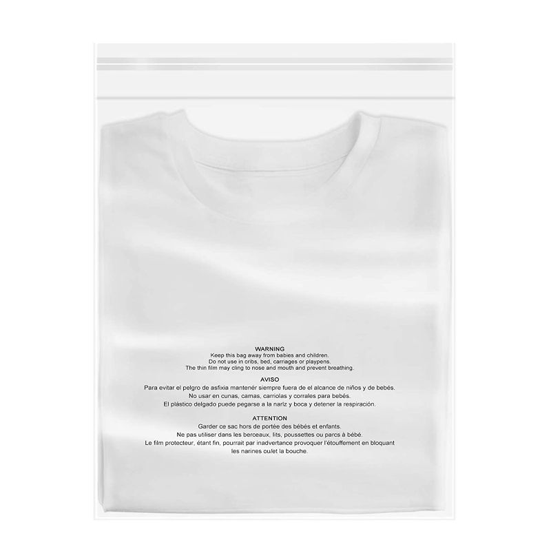 Photo 1 of 100 Count - 12" x 15", Self Seal 1.6 Mil Clear Plastic Poly Bags with Suffocation Warning for Clothing, T-Shirts, Pants-Resealable Adhesive
