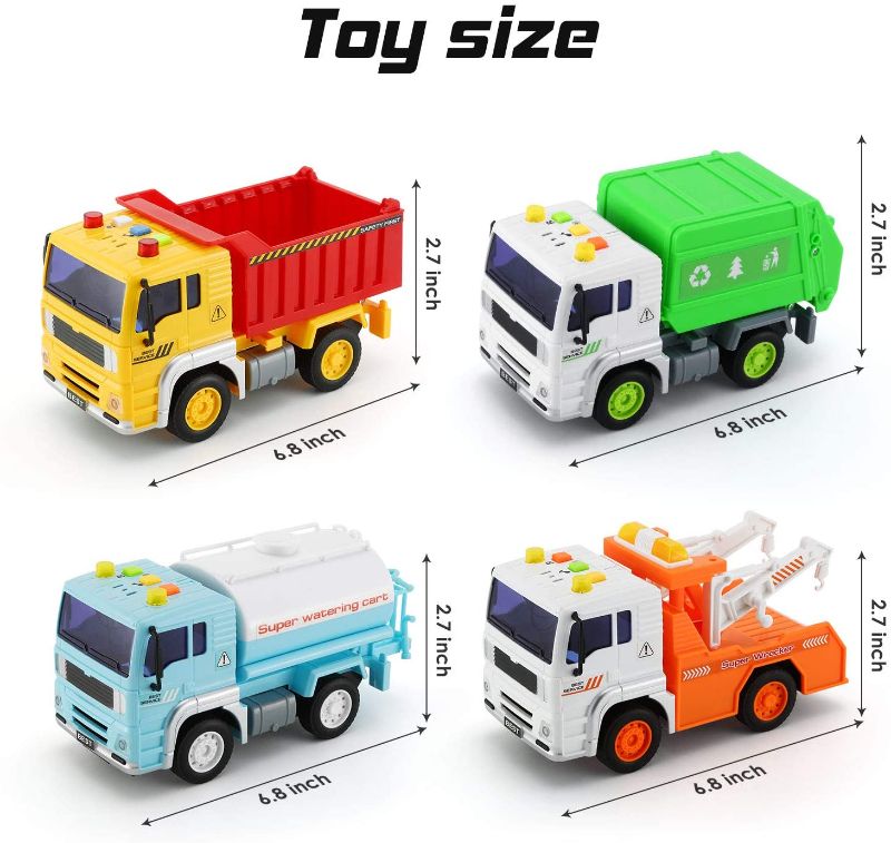 Photo 1 of 4 Pack City Service Vehicle Car Truck Toy Set - Tow Truck,Dump Truck,Sprinkler,and Garbage Truck - with Friction Powered Wheels and Lights & Sounds