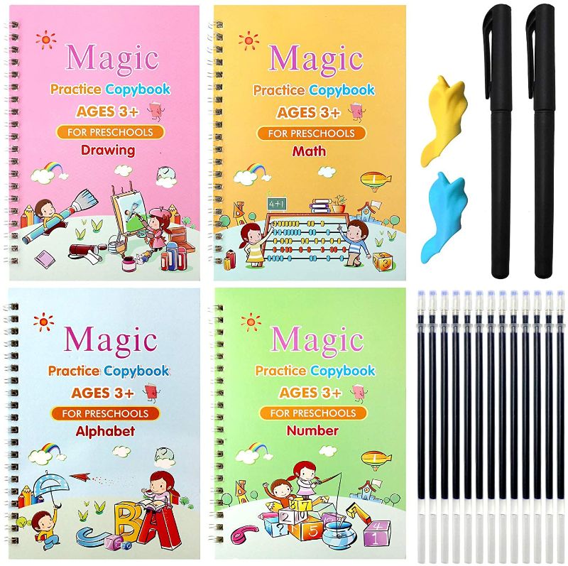 Photo 1 of 4 PCS Magic Practice Copybook for Kids English Reusable Magical Copybook Kids Tracing Book for Handwriting Magical Letter Writing Book Set
