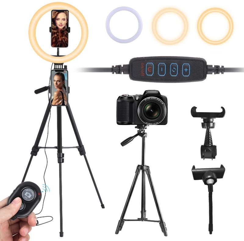 Photo 1 of 10.2" Selfie Ring Light with Adjustable Tripod Stand & 2 Phone Holders,10 Adjustable Brightness,Ring Light for Live Streaming/YouTube/Video/MakeupRecording/Photography,with Remote Control
