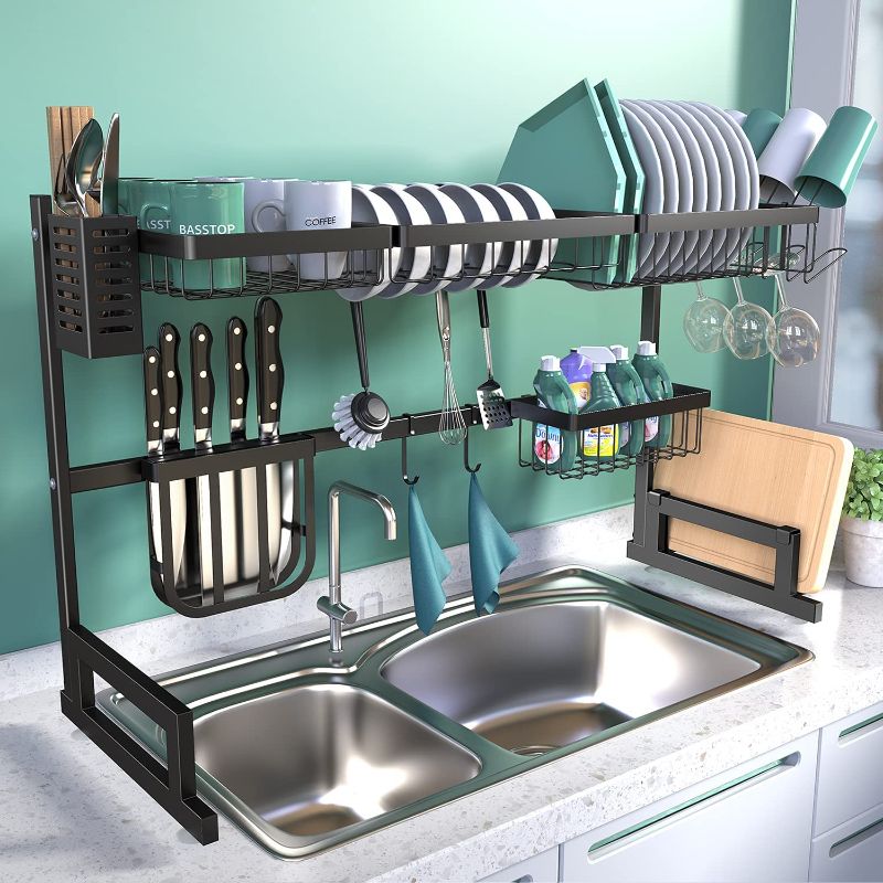 Photo 1 of BASSTOP Over The Sink Dish Drying Rack, 2-Tier Dish Rack Width Adjustable Dish Drainer for Kitchen Organization Storage Shelf Dish Dryer Rack Utensils Holder for Countertop with 5 Utility Hooks
