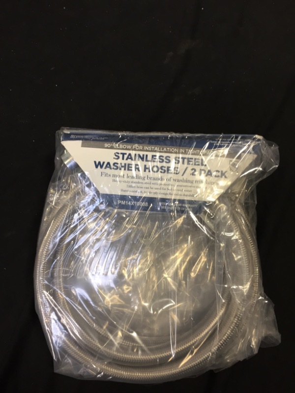 Photo 1 of 4 ft. Universal Stainless Steel Washer Hoses with 90 degree Elbow (2-Pack)
