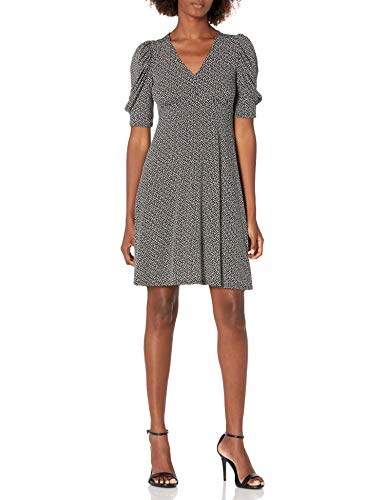 Photo 1 of Amazon Brand - Lark & Ro Women's Ruched Sleeve V Neck Knit Dress, Black/Ivory Mini Scattered Petals, 8
