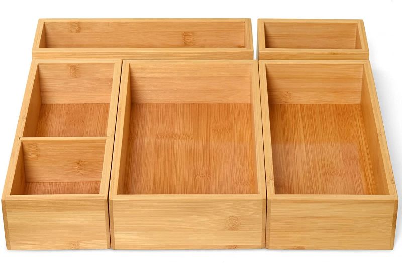 Photo 1 of AQUEENLY Bamboo Drawer Organizer 5 Boxes Kitchen Drawer Organizer for Large Utensils Bathroom Drawer Organizers Drawer Divider for Desk, Office, Makeup, Jewelry, Flatware, Cutlery