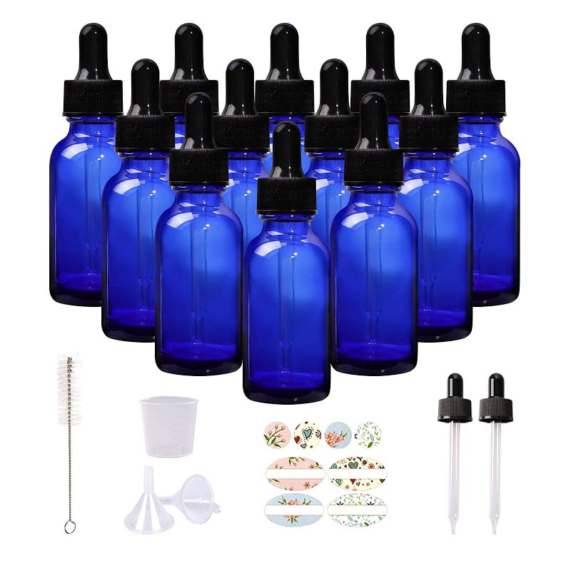 Photo 1 of 12 Pack 1oz Cobalt Blue Glass Bottles with Glass Eye Droppers for Essential Oils, Perfumes & Lab Chemicals