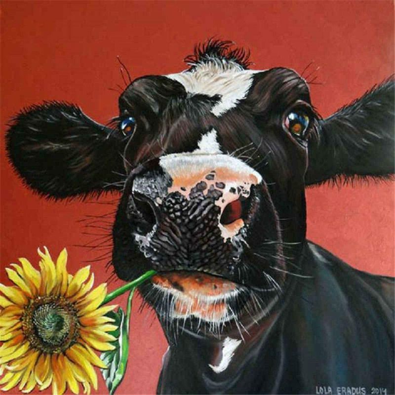 Photo 1 of 2x DIY Diamond Painting,by Number Kits Crafts & Sewing Cross Stitch,Wall Stickers for Living Room Decoration Black Cow Sun Flower 11.8 x 11.8IN 1 Pack by WYQN
