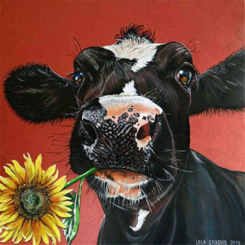 Photo 1 of 2x DIY Diamond Painting,by Number Kits Crafts & Sewing Cross Stitch,Wall Stickers for Living Room Decoration Black Cow Sun Flower 11.8 x 11.8IN 1 Pack by WYQN