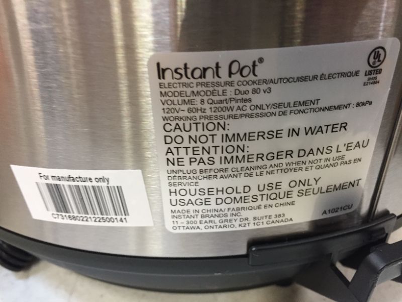 Photo 5 of USED---Instant Pot Duo 7-in-1 Electric Pressure Cooker, Slow Cooker, Rice Cooker, Steamer, Sauté, Yogurt Maker, Warmer & Sterilizer, 8 Quart, Stainless Steel/Black
