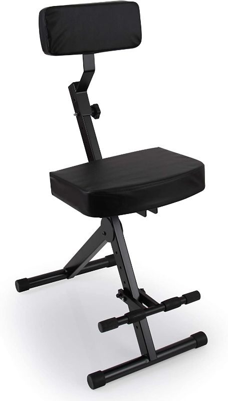 Photo 1 of Portable Adjustable Musician Performer Stool - Folding Musicians Performance Chair, Drum Guitarist Keyboard Throne w/ Adjustable Padded Cushion Seat and Back, Foot Rest - Pyle PKST70
