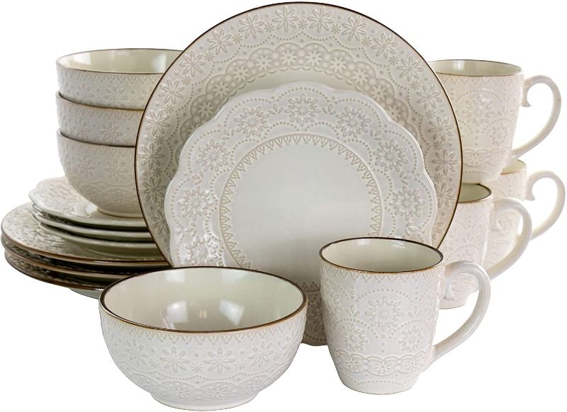 Photo 1 of Elama Embossed Scalloped Stoneware Dinnerware Dish Set, 16 Piece, Ivory
