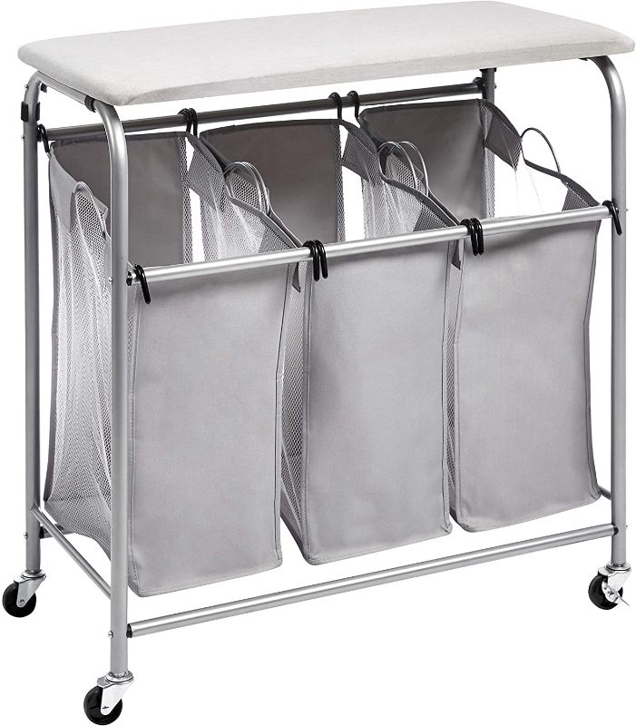 Photo 1 of Amazon Basics 3-Bag Laundry Sorter with Ironing Board Top, Grey
