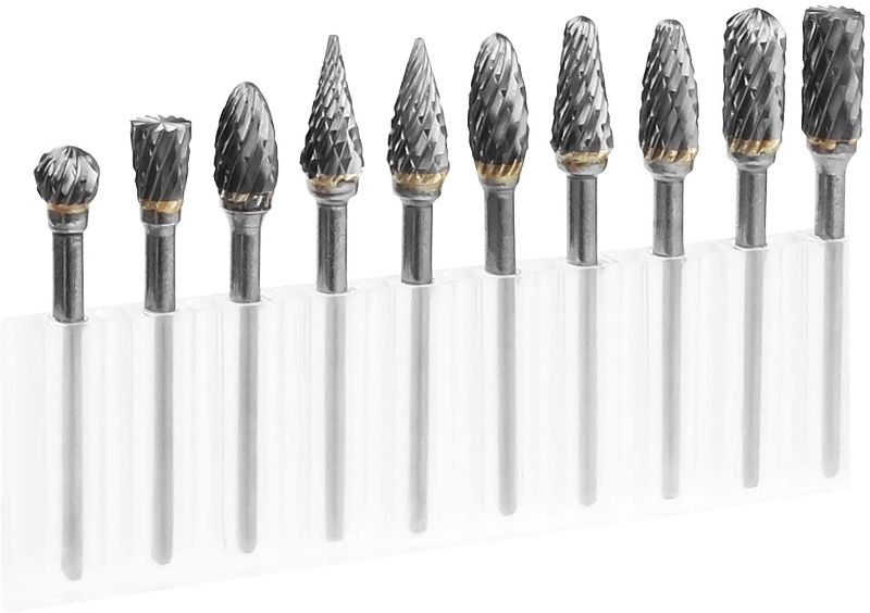 Photo 1 of 10pcs Carbide Burr Set 1/8 Shank, CBTONE Double Cut Tungsten Carbide Rotary Burr Set Die Grinder Drill for Carving, Polishing, Engraving and Drilling, 3 mm (1/8 Inch) Shank and 6 mm (1/4 Inch) Head - 2 Packs 