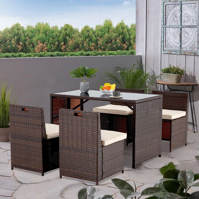 Photo 1 of 5 Pcs Outdoor Sectional Dining Set Rattan Table & Chairs w/ Seat Cushion, Glass Tabletop 
