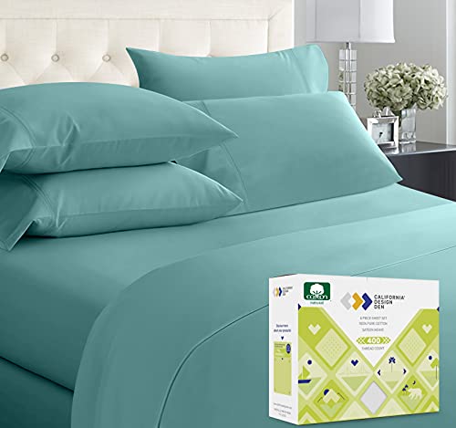 Photo 1 of 400-Thread-Count King Size Sheet Set - 6 Pcs with 4 Pillowcases - 100% Cotton Bedding Set Teal Sateen Weave Sheets, Elasticized Deep Pocket Fits Low P
