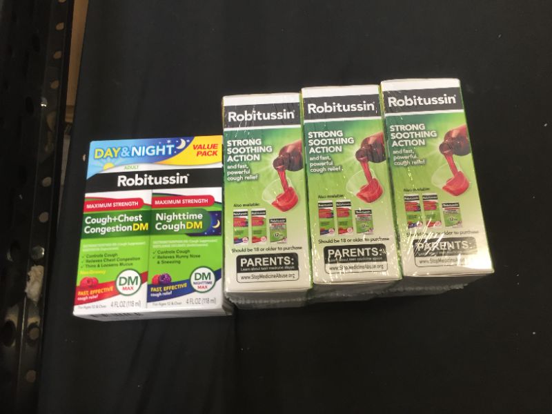 Photo 2 of Robitussin Maximum Strength Cough + Chest Congestion DM and Maximum Strength Nighttime Cough DM, Cough Medicine for Adults, Berry Flavor - 4 Fl Oz Bottles 2 count 4 pack expires 03/2022
